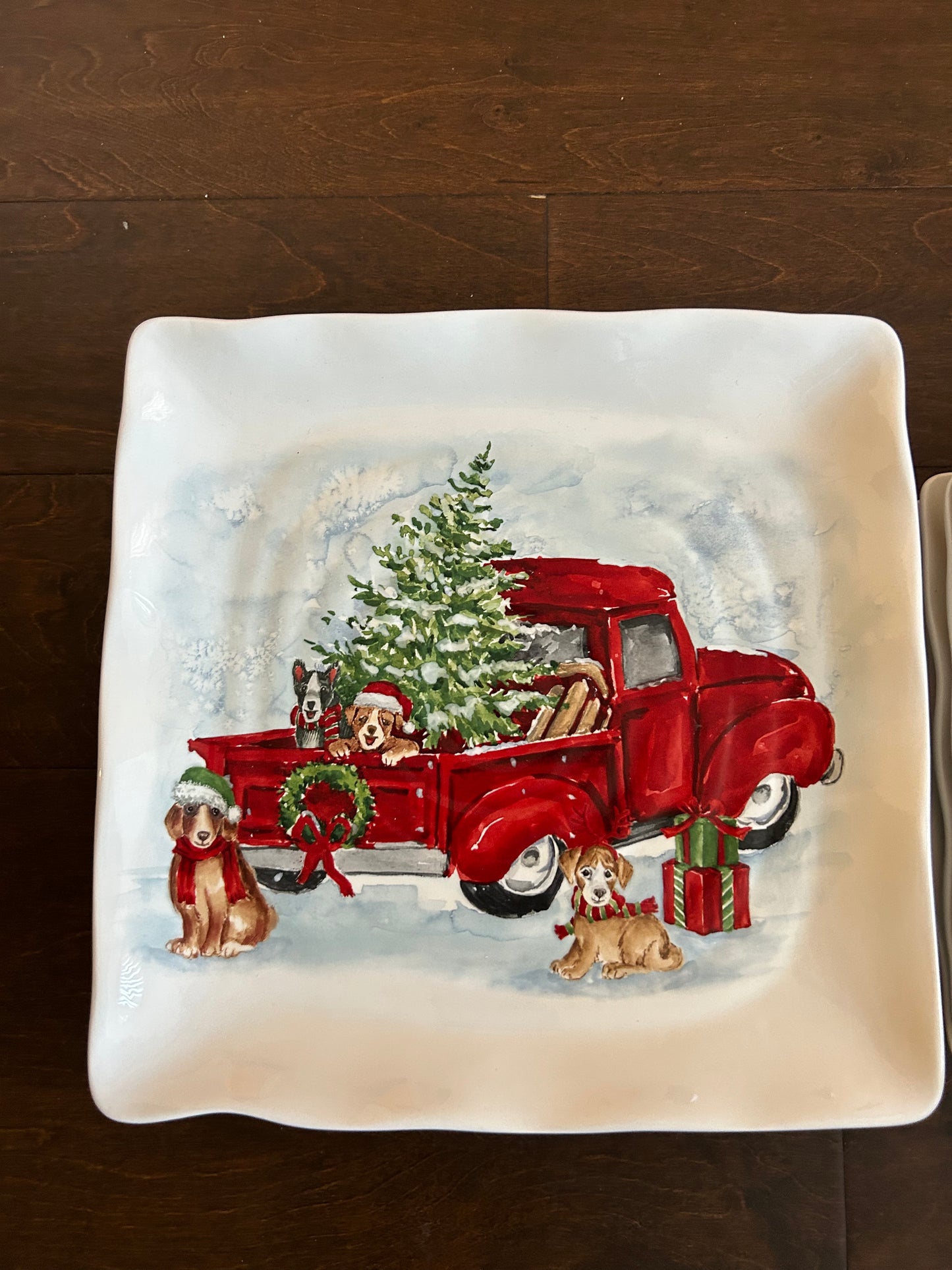 Maxcera Dinnerware Set Ceramic Square Scalloped Christmas Tree Red Truck New