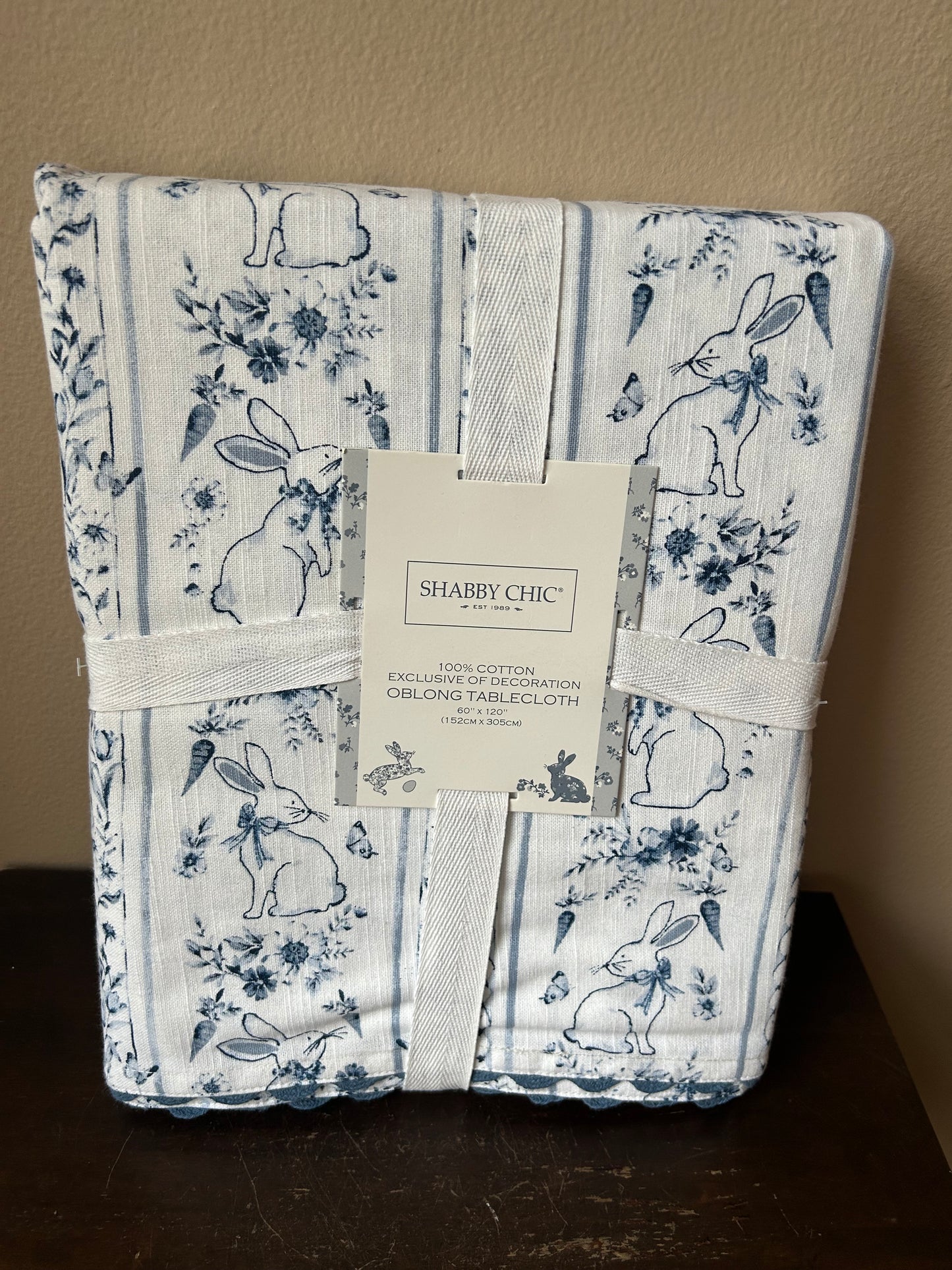 Shabby Chic Easter Tablecloth New 60”x120” Bunny Blue White Floral