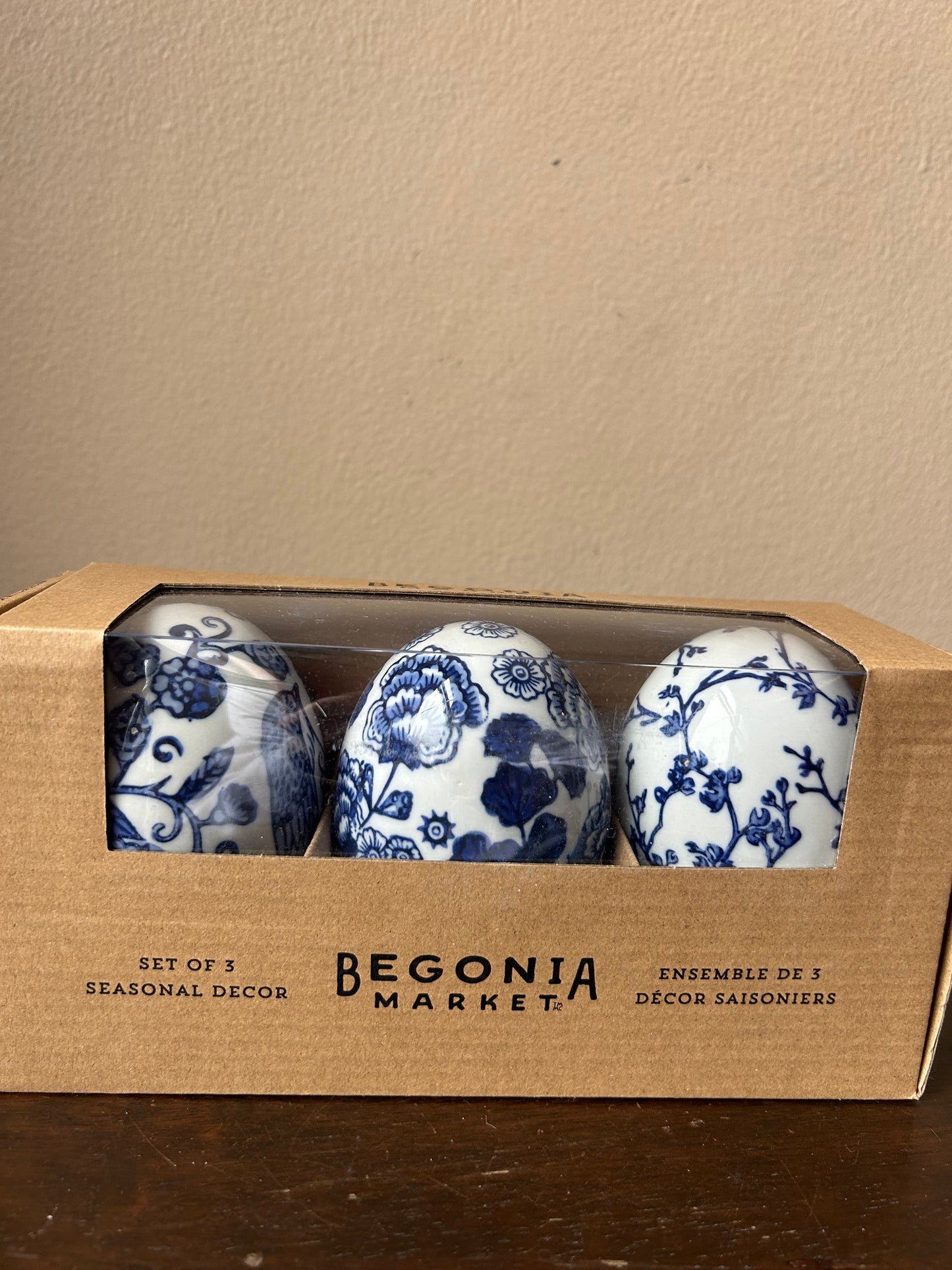 Begonia Market Easter Eggs Set Of 3 Blue White Floral Birds New Ceramic