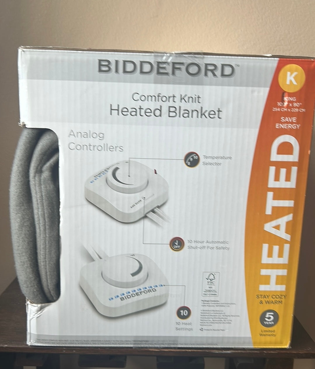 Biddeford Heated Blanket Comfort Knit Gray  King New Analog Control 100”x90”