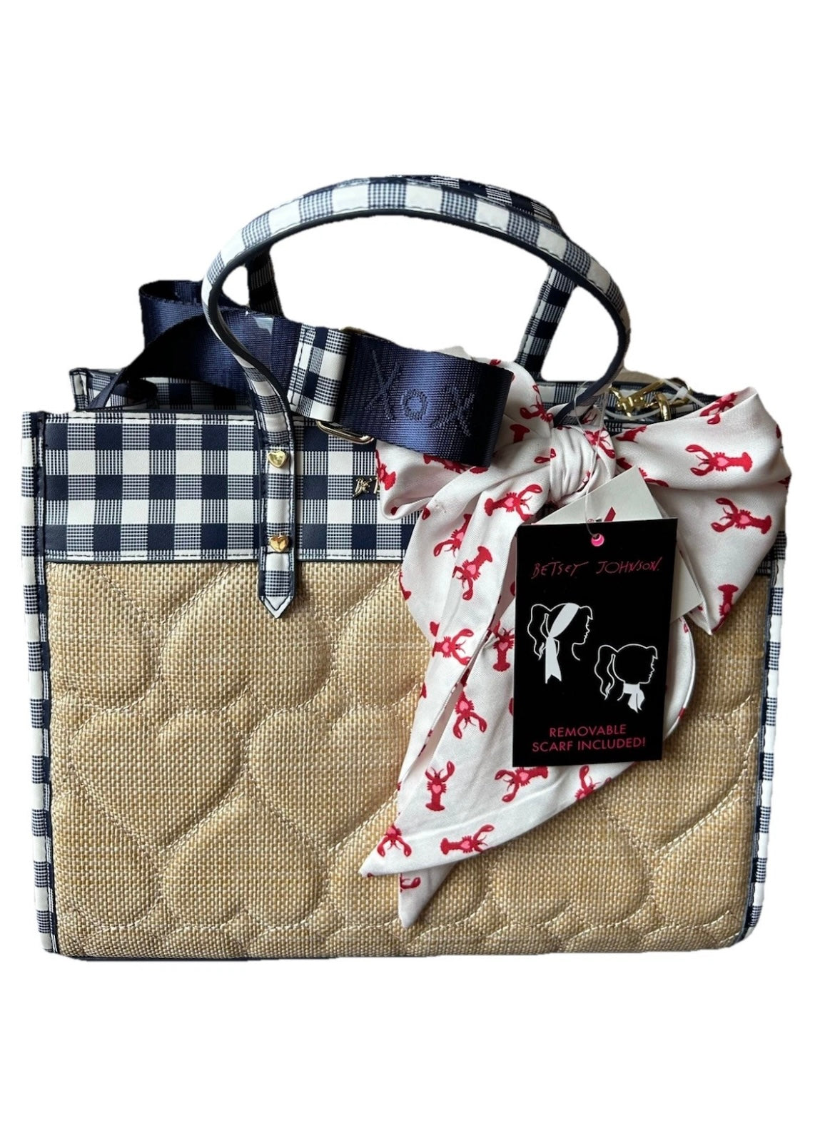 Betsey Johnson Quilted Heart Satchel Handbag Gingham Trim Lobster Scarf New