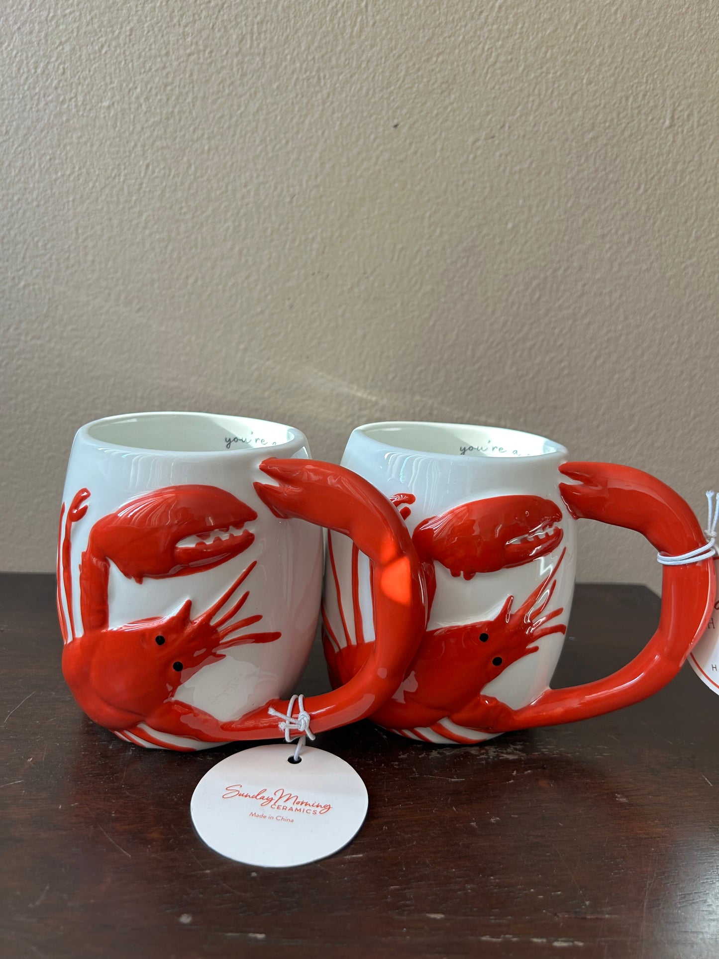 New Sunday Mornings 2 Coffee Mugs Red Lobster”you’re A Catch” Hand Painted