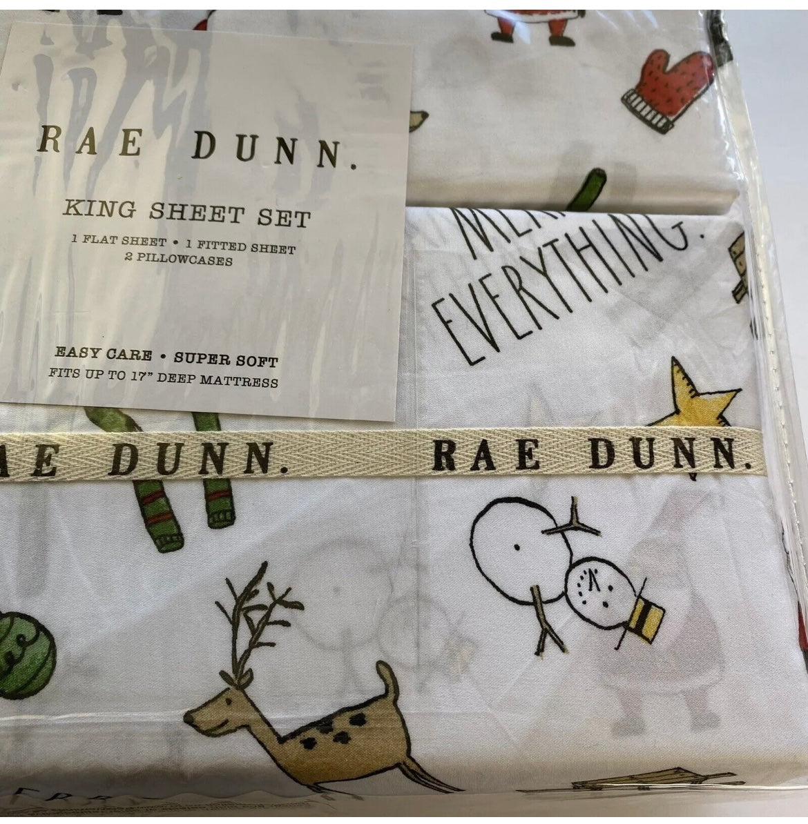 Rae Dunn Merry Everything Christmas Holiday Santa Snowman King Size Sheet Set