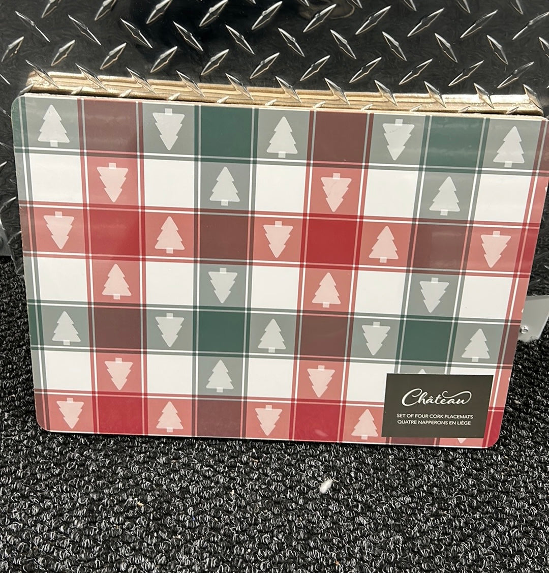 New Chateau Set of 4 Christmas Trees Plaid Cork Placemats Red Green