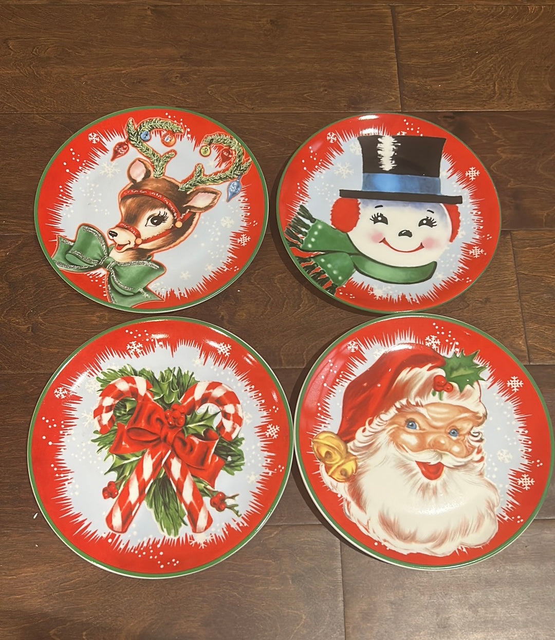 NEW Vintage Style MR CHRISTMAS 4 Pc PLATES Santa Snowman Retro Ceramic