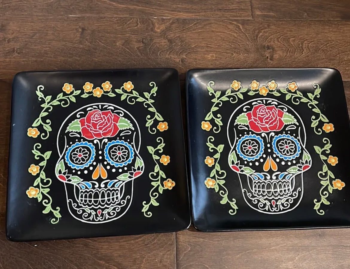 Eli & Ana Ceramic Dinner Plates Day of The Dead Set of 4 Sugar Skull Halloween