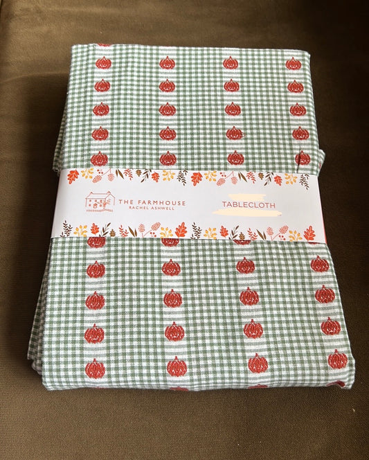 Farmhouse Rachel Ashwell Tablecloth Plaid Fall Pumpkins Green Orange