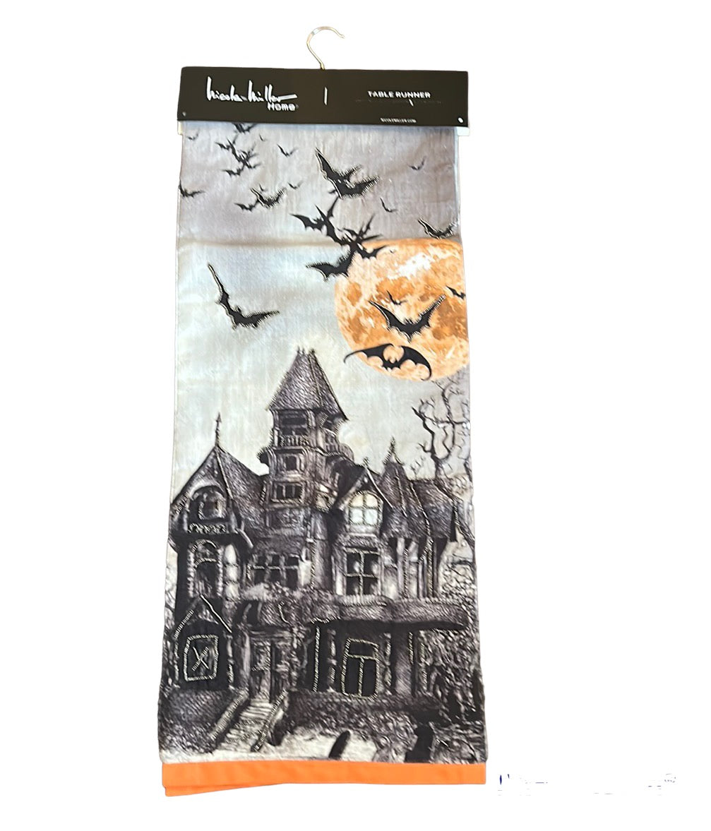 Nicole Miller Halloween Haunted House Beaded Table Runner Bats Moon