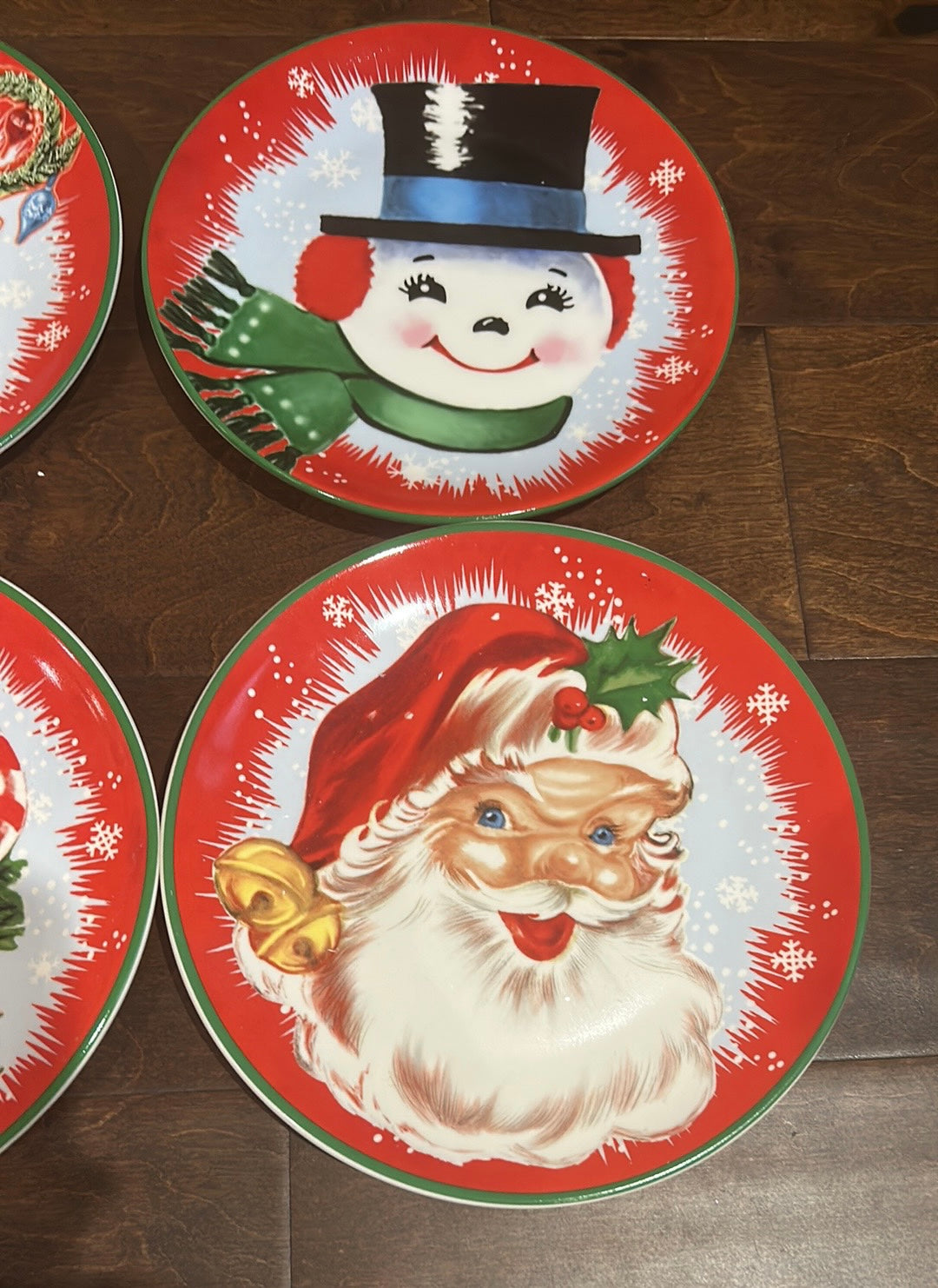 NEW Vintage Style MR CHRISTMAS 4 Pc PLATES Santa Snowman Retro Ceramic