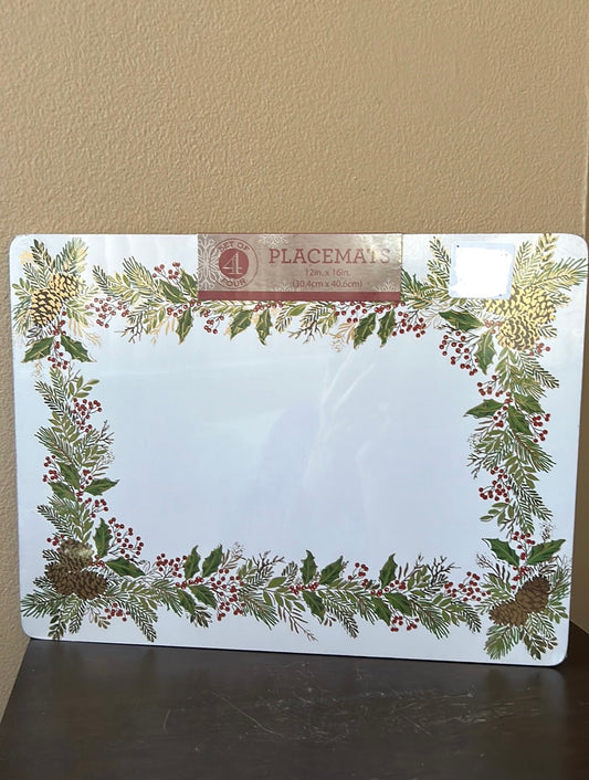 New Benson Mills Set of 4 Christmas Holly Berry Pinecone Cork Placemats Design