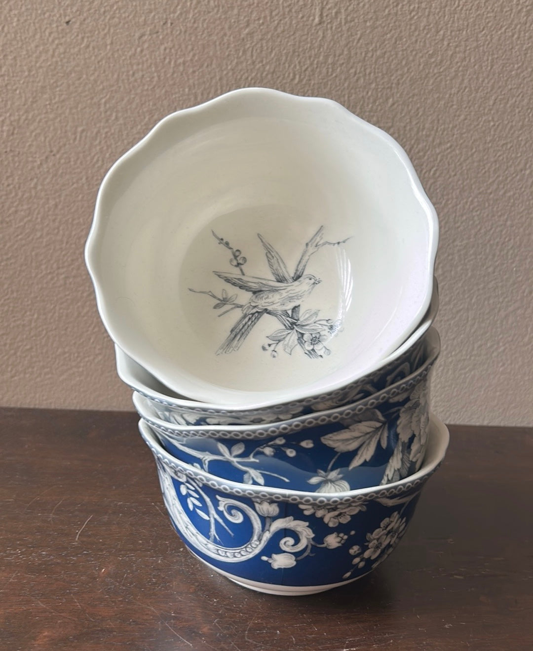 222 Fifth Set Of 4 Salad Bowls ADELAIDE Blue &ivory Square BIRD Floral Toile