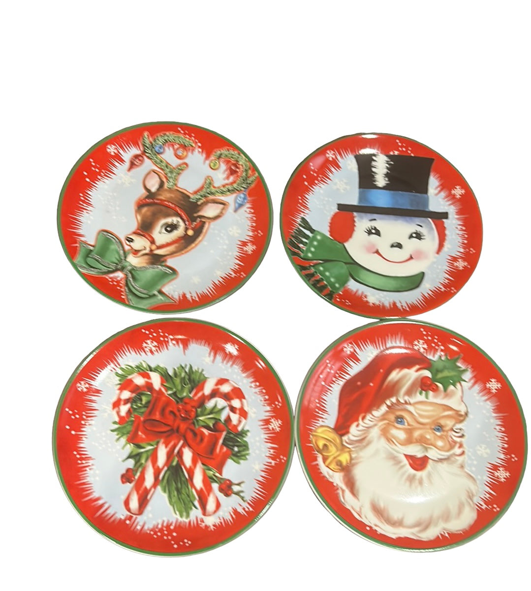 NEW Vintage Style MR CHRISTMAS 4 Pc PLATES Santa Snowman Retro Ceramic