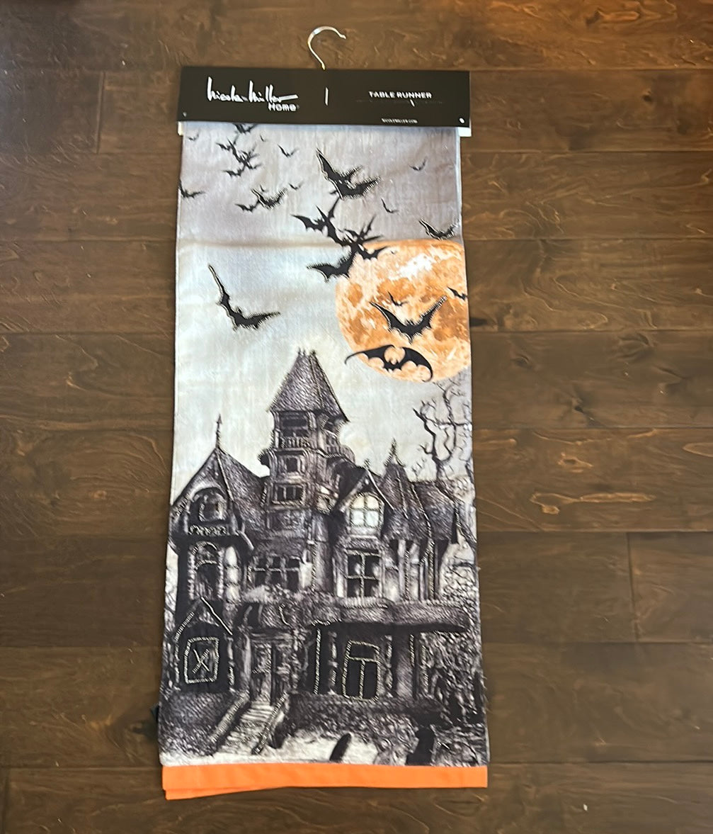 Nicole Miller Halloween Haunted House Beaded Table Runner Bats Moon