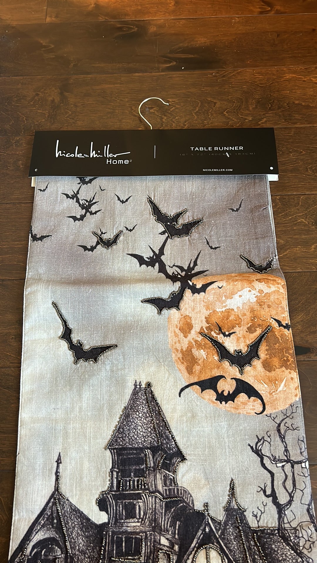 Nicole Miller Halloween Haunted House Beaded Table Runner Bats Moon