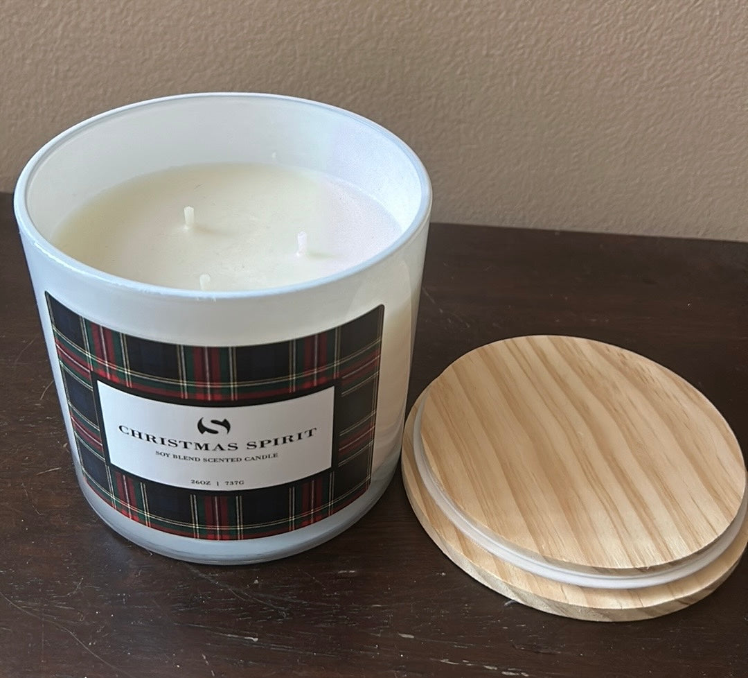 Scentsational Christmas Spirit Candle Plaid Print Glass Jar 26 Oz  Soy Wax