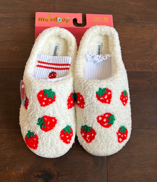 Moodpop Womens Faux Sherpa Memory Foam Slippers Strawberry New Sz M 7/8 Socks