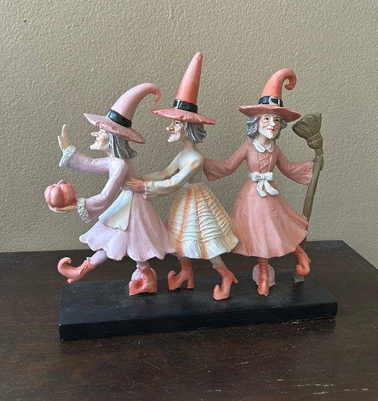 Set of 3 Witches With Witch Hats Broom Halloween Decor Figurine Pink