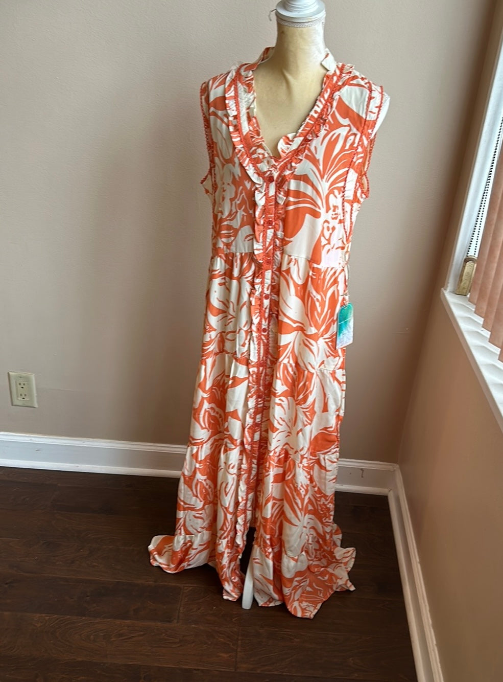 True Destinations Womens Printed Orange Off White Coverup Maxi Tropical