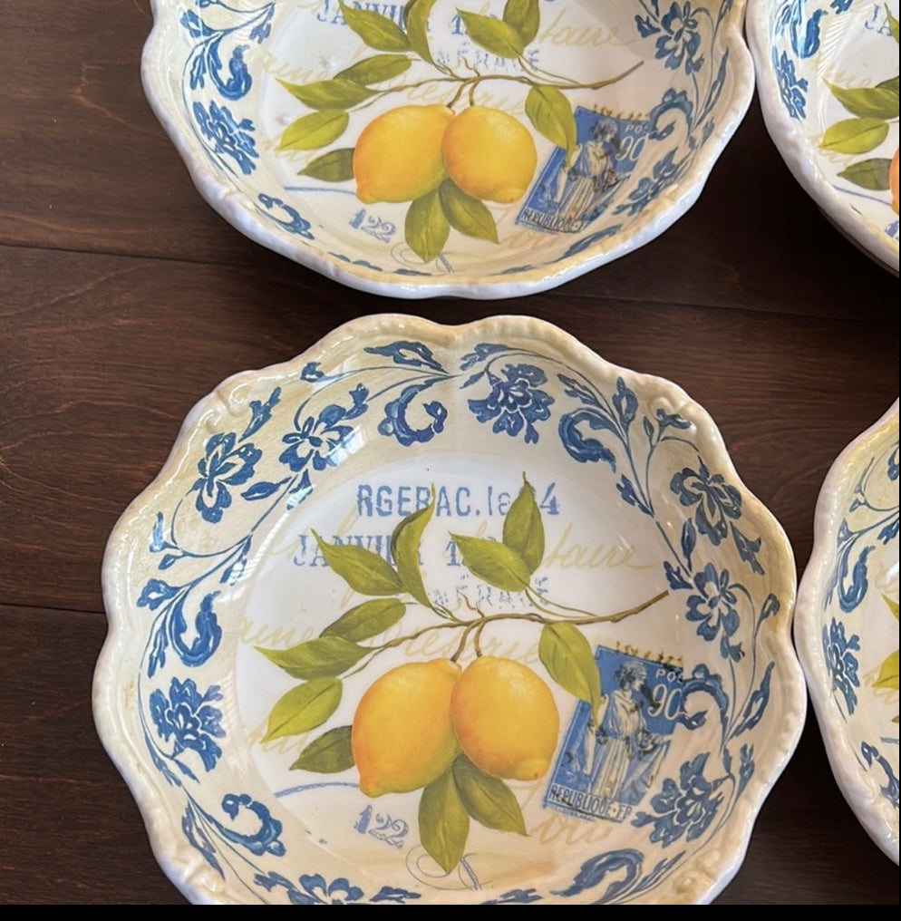 Shabby chic Melamine Bowls Set of 4 Mediterranean New Lemons Scalloped