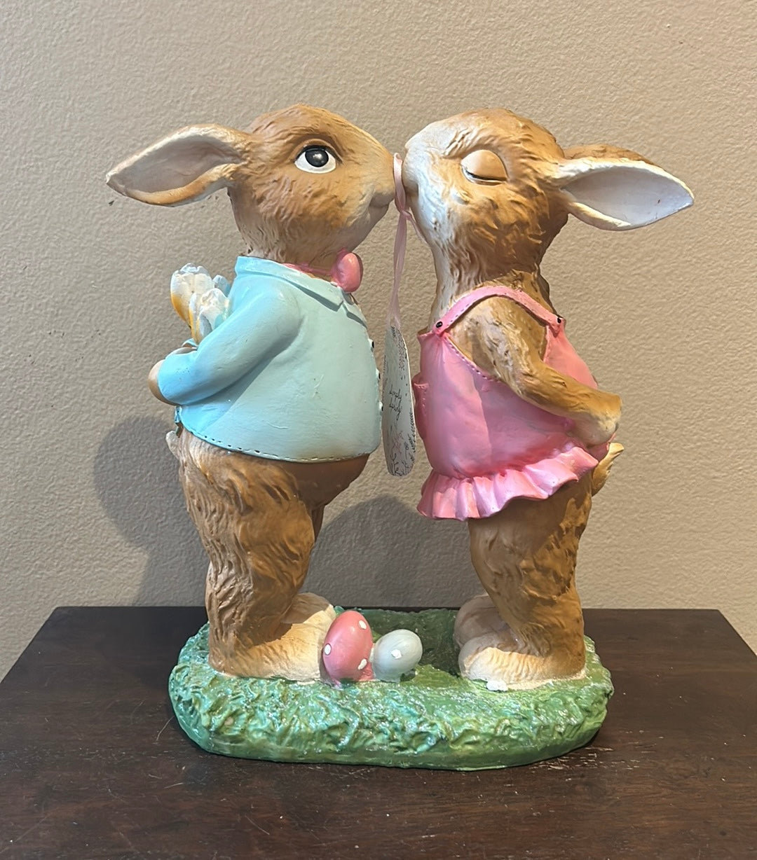 Cute Bunny Couple Kissing Easter Figurine New Holding Flowers 12”