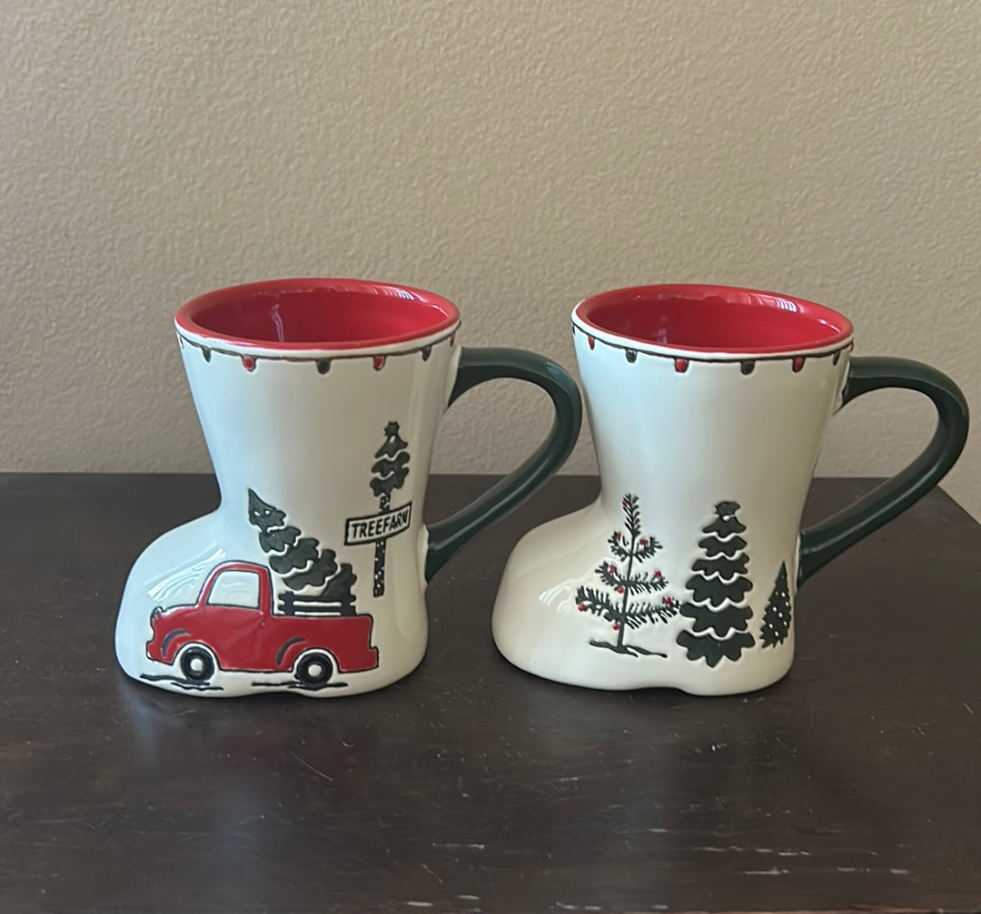 Potters Studio Set Of 6 Boot Shaped Whimsical Christmas Tree Red Truck Cup Mug