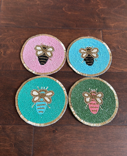 Set Of 4 Bumblebee Coaster Beaded Multicolor New Round