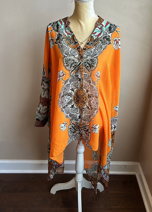 New Womens Plus Sz 1X  Swim Coverup Top Caftan Style Sheer Printed Orange