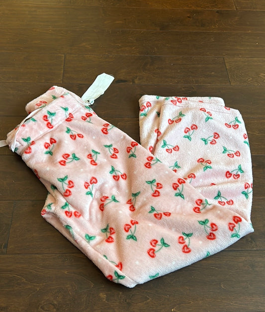 Daydream Womens Plush Pajama Pants Cherry Hearts New Pink Valentines Day Sz L