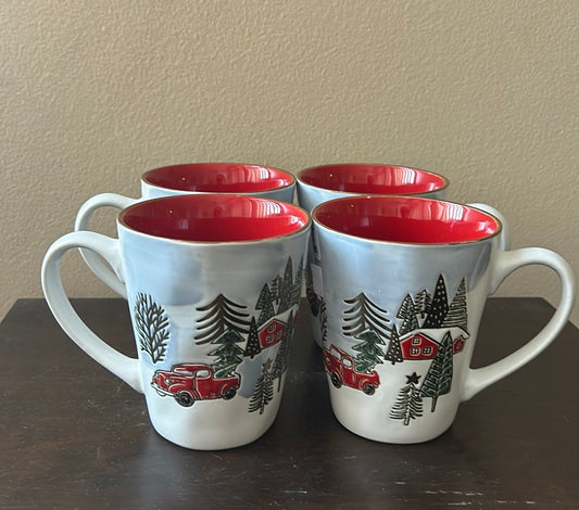 Eli Ana Evergreen Trees Red Truck  Christmas Set Of 6 Mugs  Ceramic New