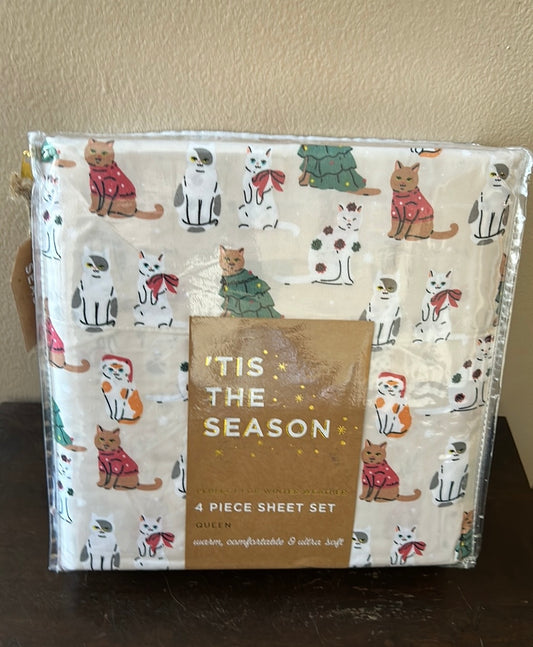 Tis The Season 4 Pc Christmas Cats Queen Sheet Set New Holiday