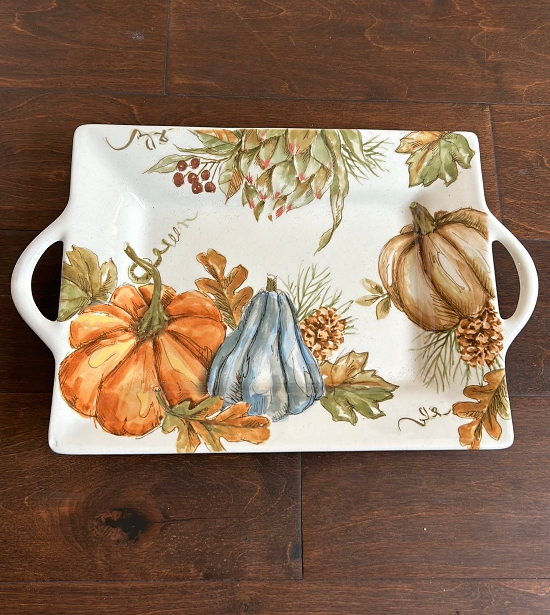 Pumpkin Fall Leaves Thanksgiving Serving Platter Ceramic New 14 3/4” With Handle