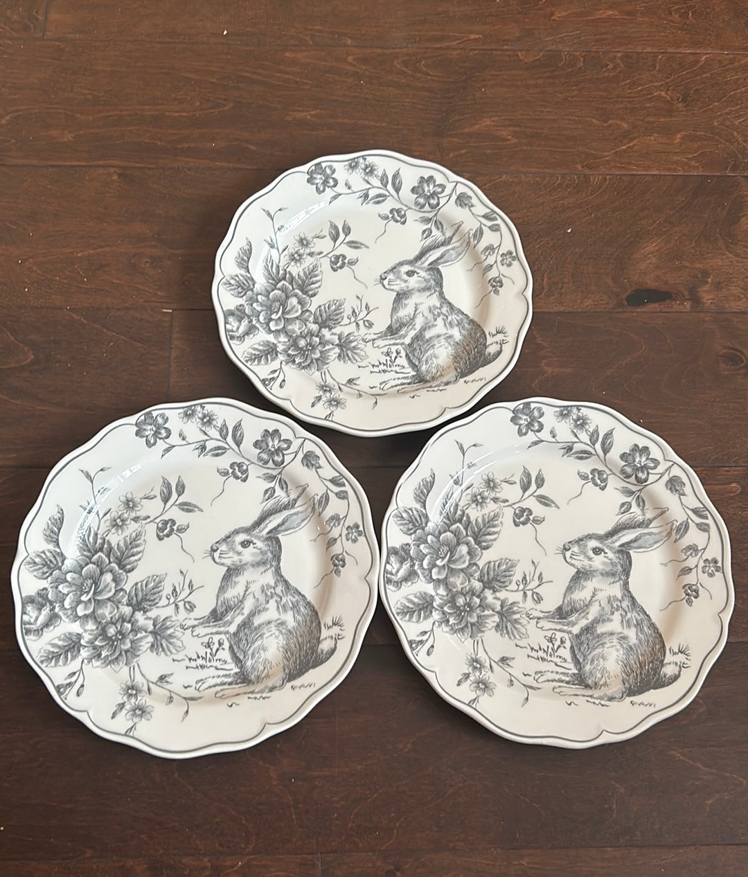 Set Of 3 Easter Bunny Scalloped Ceramic Salad Plates New Gray Floral