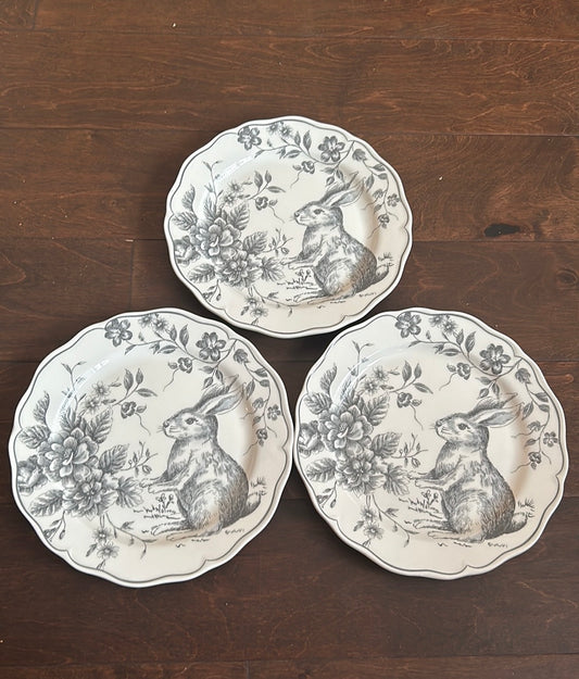 Set Of 3 Easter Bunny Scalloped Ceramic Salad Plates New Gray Floral