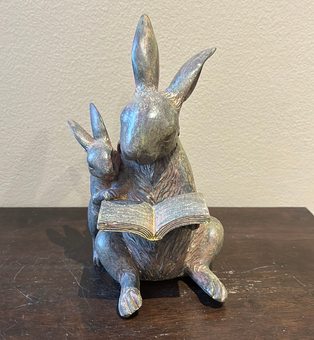 Cute Mama And Baby Bunny Reading A Book Easter Decor Figurine New 9.5” Tall