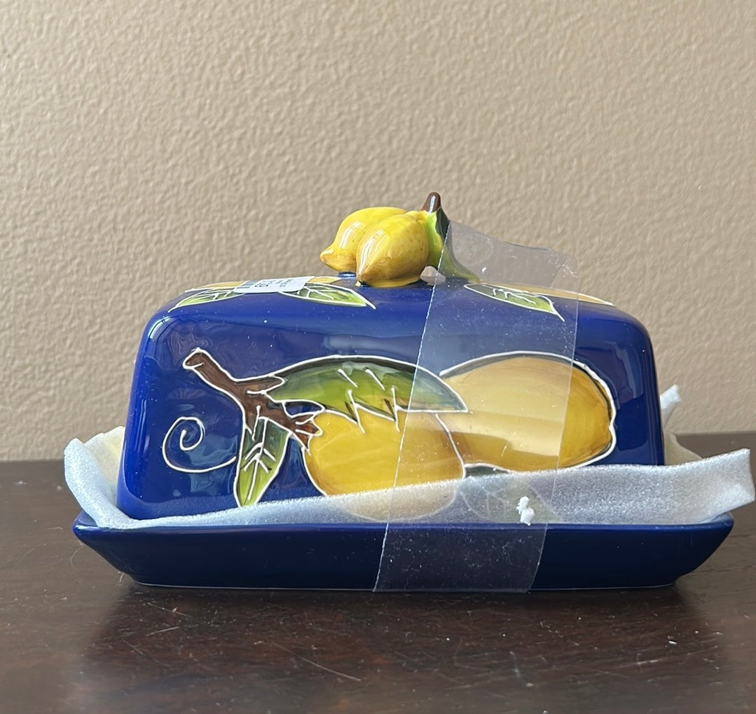 New Blue Sky Clayworks Heather Goldminc Covered Ceramic Butter Dish Lemon Blue