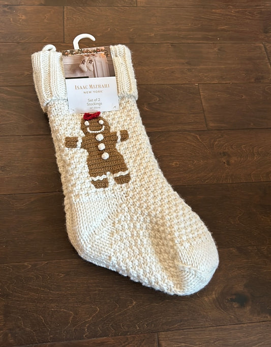 Isaac Mizrahi Set of 2 Gingerbread Boy & Girl Crochet Knit Christmas Stockings