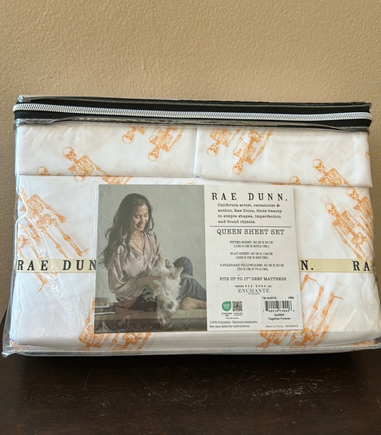 Rae Dunn Halloween Bed Sheet Set Pillow Cases orange  Skeletons New