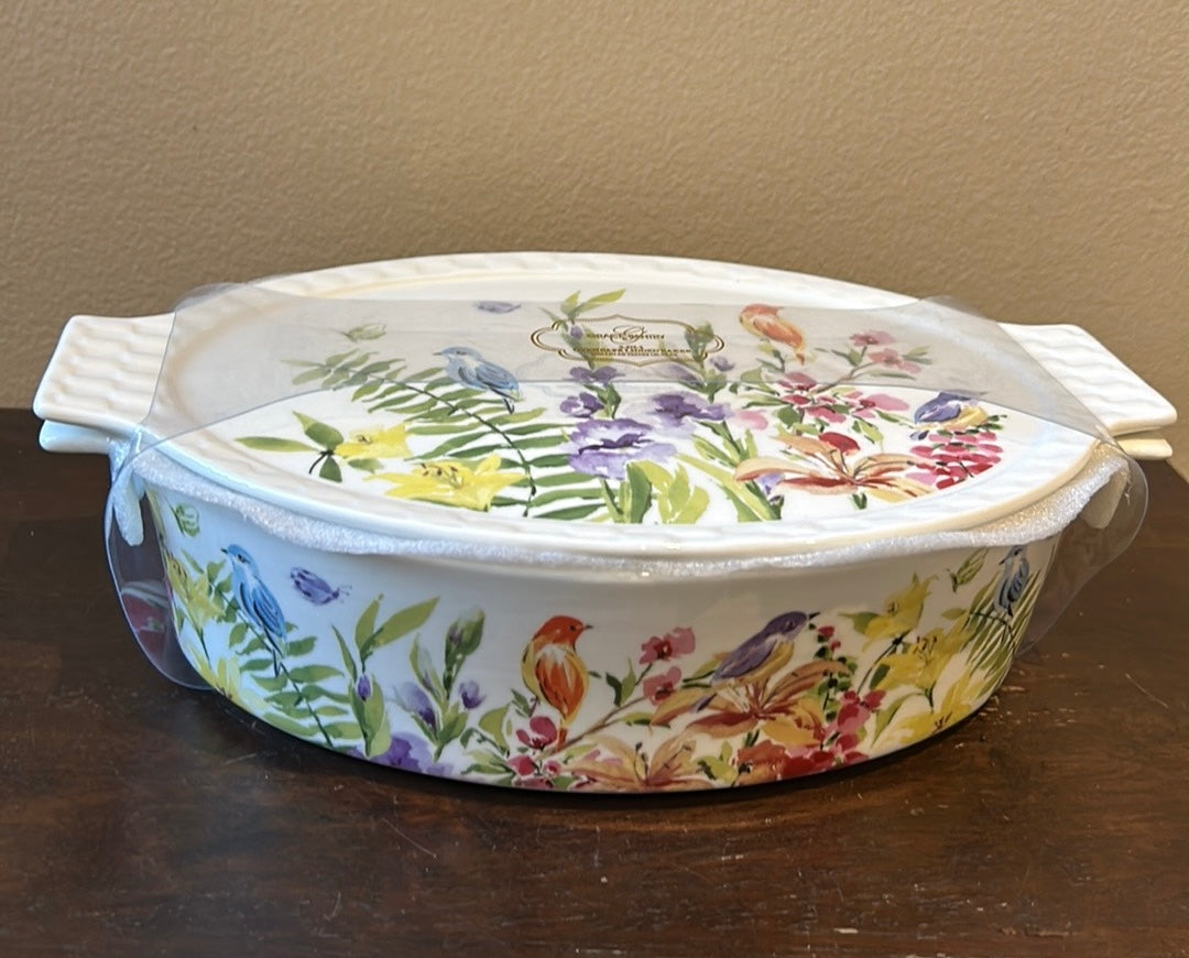 Grace's Pantry 3 in 1  Oval Baker Casserole w/ Lid Floral Birds Lavender  New