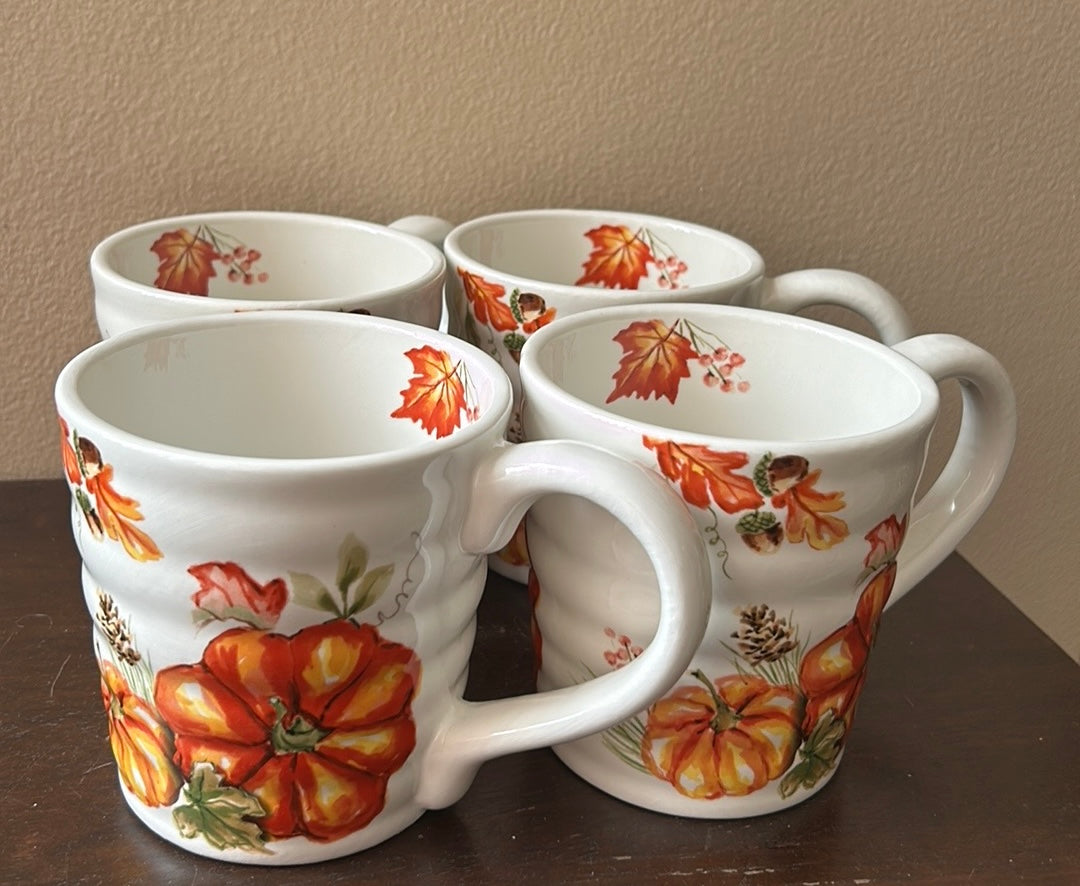 New Coffee Mug Cup New Pumpkins Fall Leaves Thanksgiving Set Of 4