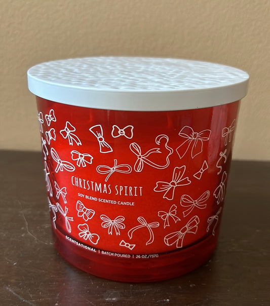 Scentsational Christmas Spirit Candle Bow Print Red Glass Jar 26 Oz  Soy Wax