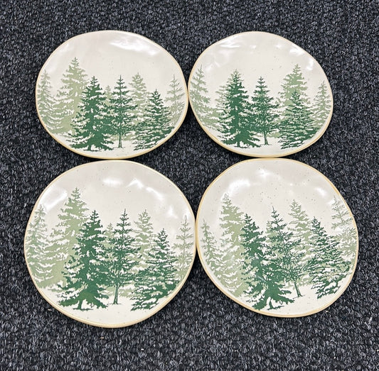 Eli Ana Evergreen Trees Christmas Set Of 4 Salad  Plates Ceramic Round New