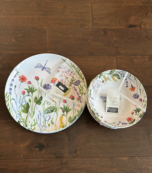 Rachel Ashwell Melamine 4 Dinner Plates 4 Salad Bowls Floral Dragonfly Lavender