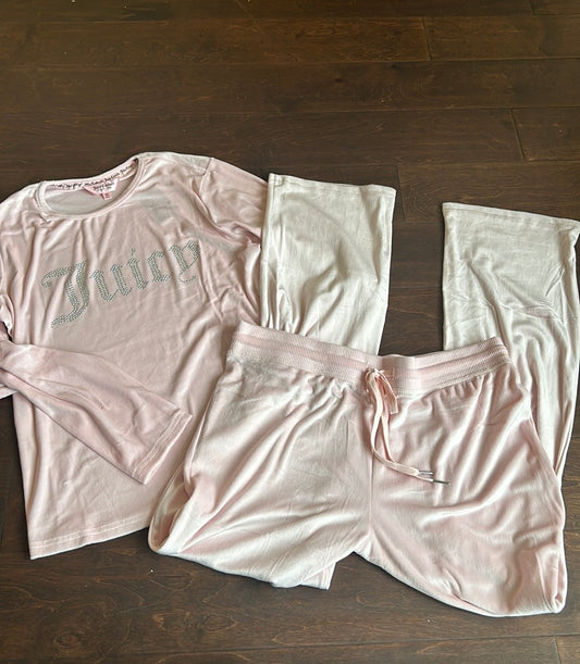 Juicy Couture Pj Set Women’s Sz XL Pink Rhinestones Logo Front & Back New Velvet