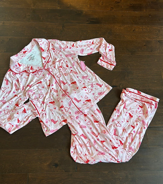 Splendid Angel Womens Pajama Set 2 Pc Cowboy Hats Boots Hearts Western Sz XL