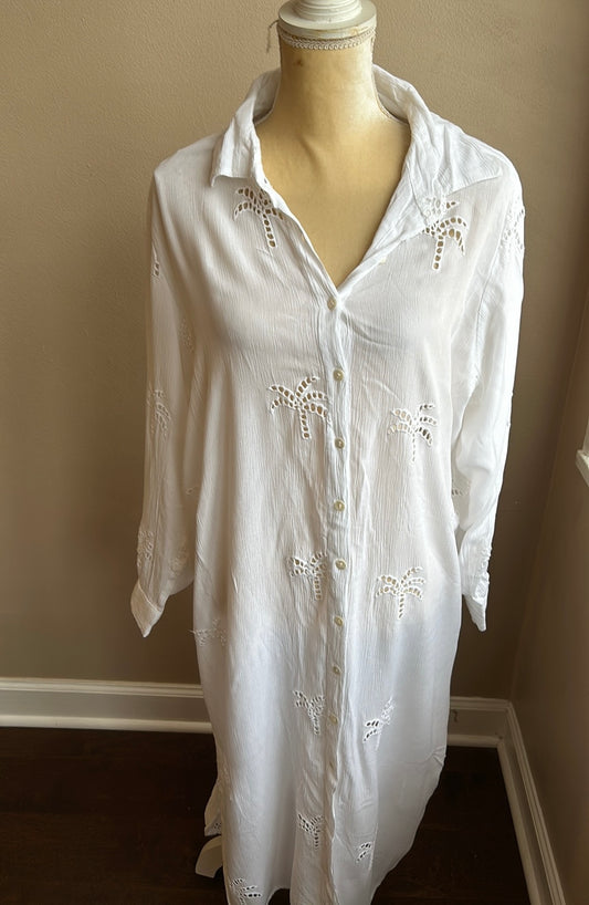 Blue Island Women’s Long White Coverup Eyelet Palm Trees Sz XL