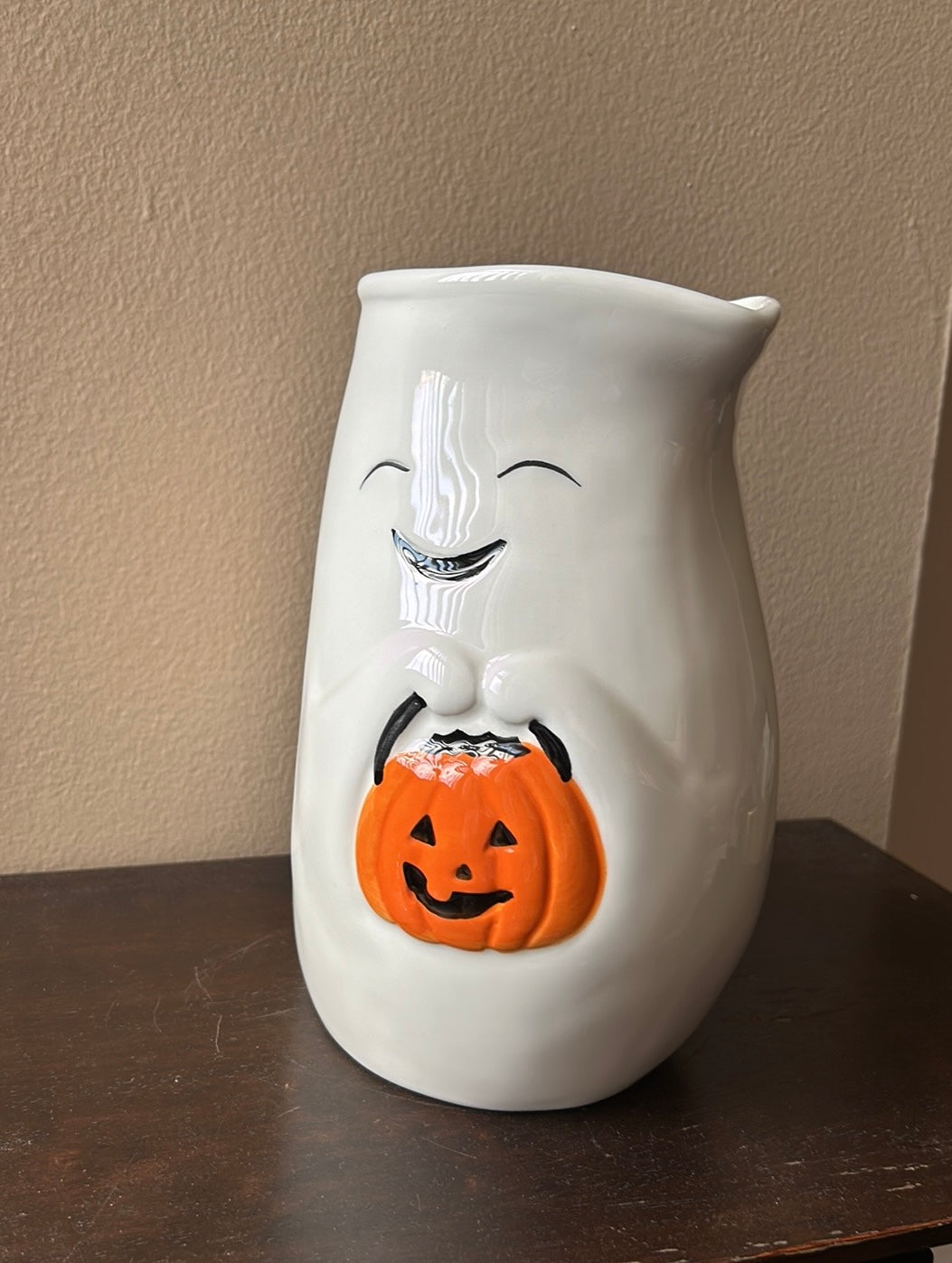 Trick Or Treat Ghost Pumpkin Ceramic Pitcher Halloween New Hand Painted 9”