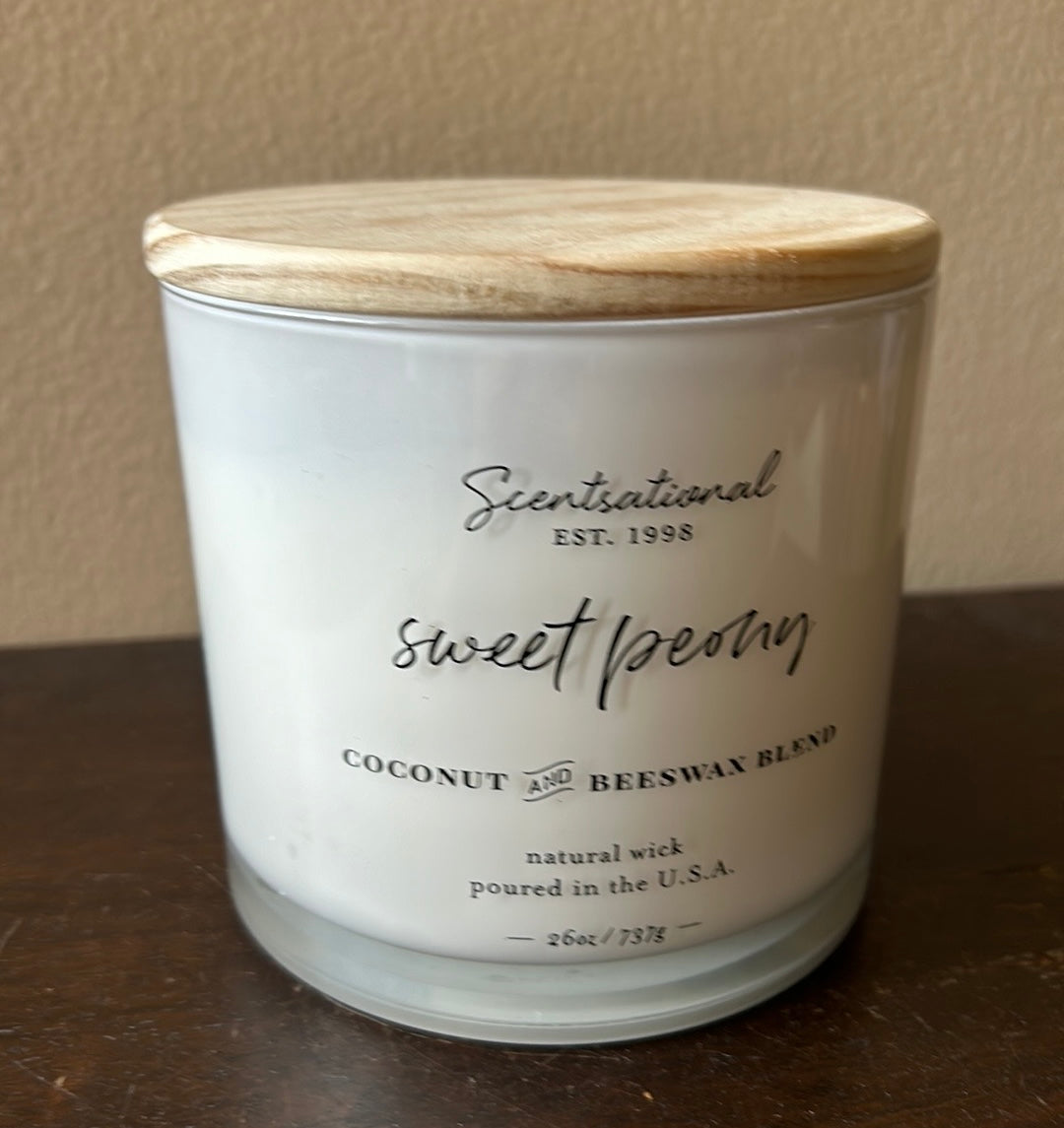 Scentsational Sweet Peony Wood Wick Candle 26 Oz Glass Jar Coconut Beeswax Blend