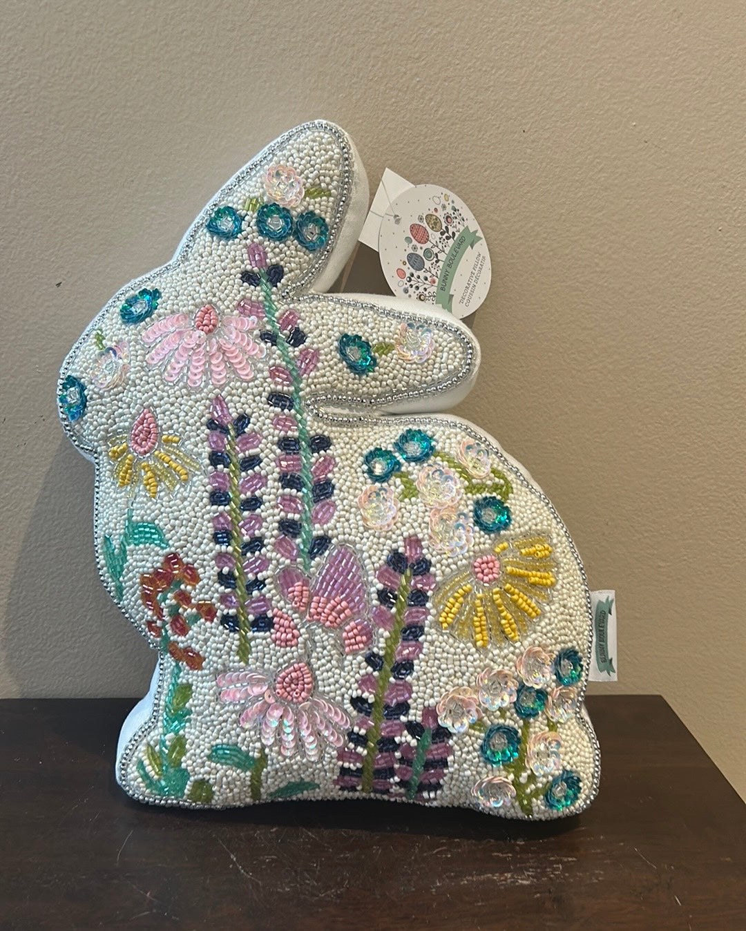 Bunny Boulevard Beaded Easter Bunny Rabbit Shaped Pillow 13”x10” Floral New