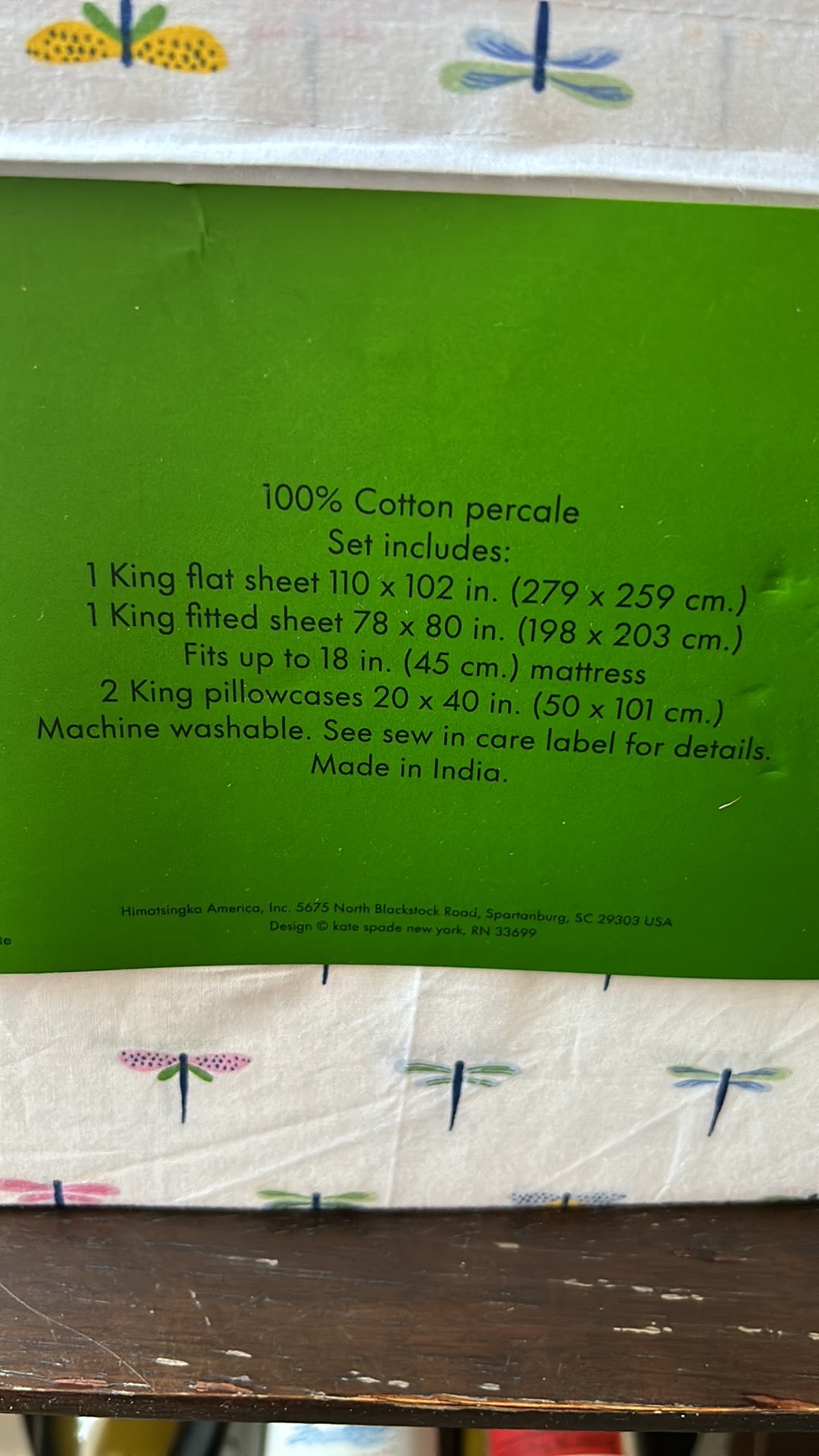 NEW KATE SPADE King  Sheet Set 4 Pc Colorful Dragonflies Cotton Percale