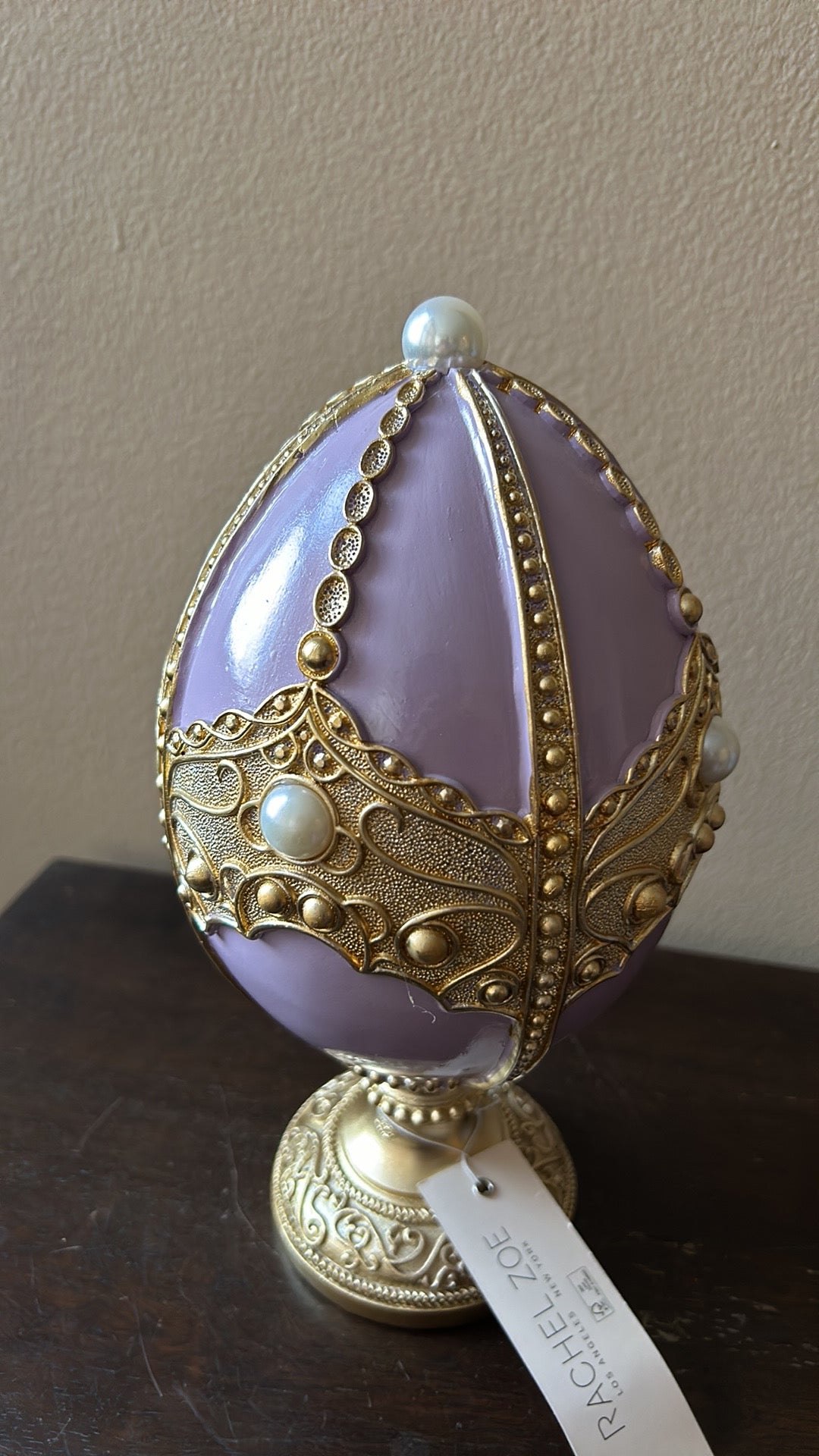 Rachel Zoe EASTER EGG FIGURINE  Lavender purple pedestal embellished Pearls 11”